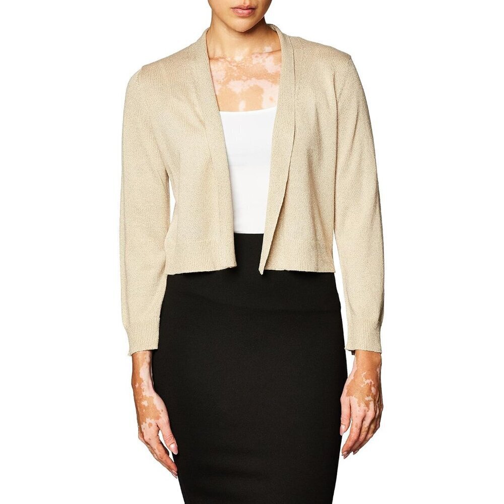Women's Gold Lurex Knit Shrug Medium Open-Front Shimmer 3/4 Sleeve